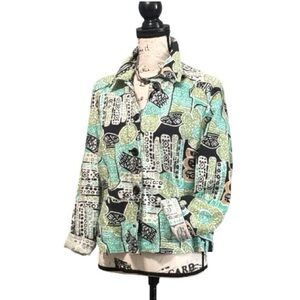 Abstract Teal Black Print Linen Blend Blazer Lightweight Layering Jacket Sz M